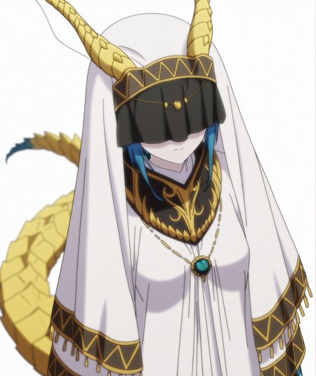 official art, absurdres, highres, anime coloring, hi res, best quality, masterpiece, 2d, intricate details, 4k,
1girl, solo, female, blue hair, 
horns, monster girl, dragon horns, dragon girl, dragon tail, gold tail, tail, colored skin, scales, blue scales, reptile girl, 
shaded face, veil, covered eyes,
breasts, medium breasts, small breasts, dress, necklace, robe, white robe, long sleeves, wide sleeves, 
arms at sides, facing viewer, 
depth of field, blurry, motion blur, white background, <lora:Skadi_Dragenfelt_(Character)_ILXL:1>, skadi dragenfelt, monster musume no oisha-san,
