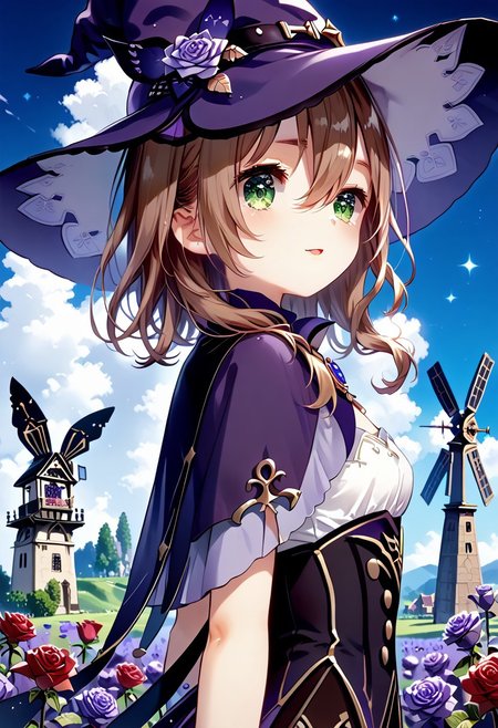 score_9, score_8_up, score_7_up, 1girl, YukiuCP, masterpiece, best quality, ultra high res, smiling, happy, (detailed eyes:1.2), a beautiful girl, perfect face, arms at sides, masterpiece, ultra high res, high quality, 4k, upper body:1.5,  lisa (genshin impact), urple witch hat, green eyes, brown hair, (PureErosFace_V1:0.008), (european:1.6), bangs, dress, rose, jewelry, witch, capelet, purple headwear, black gloves, purple flower, hair between eyes, purple rose, parted lips, purple capelet, hat flower, multicolored dress, hair ornament,  windmill, from side,