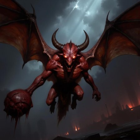 first person pov, 3D01S, simple background atmospheric and powerful dark fantasy, natural organic and first person pov of a 
A small menacing imp looking red-skinned fire gargoyle, blending the features of a bat and a demon. Its short body is covered in rough, crimson hide, with massive leathery wings stretching from its back, ready to launch into the air. Its glowing, fiery eyes pierce the darkness, while sharp horns protrude from its head. The creature's hands, tipped with razor-like claws, clutch a ball of bloody meat, ready to hurl at its prey. Its stance is hunched, exuding an aura of fear. Its long, sharp fangs glisten. It hovers just above the ground, prepared to unleash fiery devastation from the skies. The creature embodies the brutal, animalistic enforcer of the infernal realm. 
UHD letterboxed game trailer frame chromatic aberration dark atmosphere sharp masterpiece with a focus on the character, elden ring style, dark atmosphere, chromatic aberration
