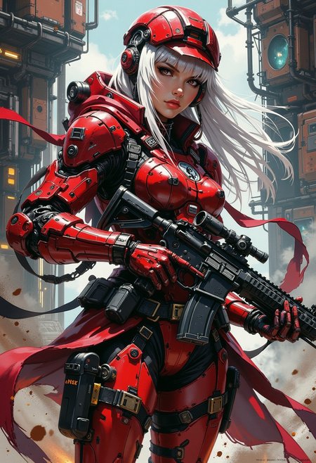 in the style of ck-mgs, A digital artwork in the style of cknc, female space pirate in red and black power armour, helmet, long straight-cut white bob, bangs, dramatic make-up, thigh straps with holsters, holding assault rifle, in fortress stronghold, dynamic image, cinematic,