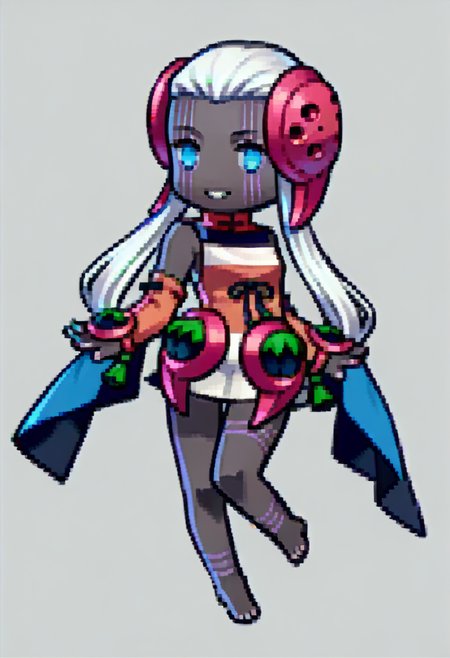 score_9, score_8_up, score_7_up, source_anime, 1girl, floating, smile, <lora:Feh-Sprites-pdxl_Fp:1> simple background, chibi, full body, <lora:zs_KikuriHimeXL:1> kikurihimesmt, white hair, long hair, blue eyes, dark skin, colored skin, dress, detached sleeves, bare shoulders, barefoot