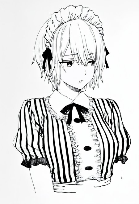 masterpiece, best quality, 1girl, solo, H0u0ujiAkane, short hair, maid headdress, black ribbon, striped dress, center frills, puffy short sleeves, white apron, simple background, cropped torso, parted lips, averting eyes, greyscale, monochrome, lineart, sketch, graphite \(medium\), traditional media, <lora:ChamHououjiAkaneNoob:1>