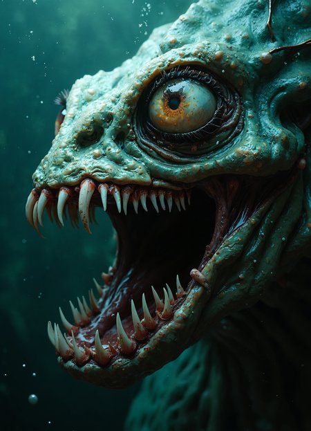 Hyper-realistic macro photograph of a terrifying aquatic predator's face, emerging from murky teal depths. The creature's skin is a pale, sickly blue-green, with a texture reminiscent of weathered leather, marked by fine wrinkles and scars. Its most prominent feature is a gaping maw filled with razor-sharp, translucent teeth, each fang glistening with a menacing gleam. The mouth is stretched wide in an aggressive snarl, revealing pinkish gums and a cavernous throat.
The beast's eye is a horrifying spectacle - bulging and bloodshot, with a milky film partially obscuring a glowing amber iris. Thick, dark lashes frame the eye, adding to its otherworldly appearance. Thin, spidery veins are visible beneath the creature's semi-transparent skin, pulsing with an eerie, bioluminescent light.
Shadows play across the being's face, accentuating its alien bone structure and adding depth to its nightmarish visage. Particles suspended in the water catch the light, creating a dreamlike atmosphere that contrasts sharply with the monster's brutal reality.
The image captures an impossible level of detail, from individual scales to the subtle shifts in color across the creature's face, resulting in a chilling portrait that blurs the line between fantasy and reality. The lighting is cold and ethereal