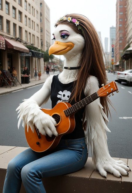 score_9, score_8_up, source_cartoon, toony, 1girl, solo, furry, bird girl, beak, white feathers, blue eyes, eyeliner, very long hair, flat hair, brown hair, straightened hair, hippie, jeans, 1970, new york, long neck, flower shirt, choker, guitar, sitting, street, acoustic guitar, outdoors