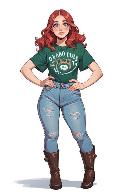 <lora:RealMix17:1>, score_9, score_8_up, score_7_up, score_6_up, score_5_up, rating_questionable, source cartoon
1girl, pretty face, pretty eyes, detailed eyes, HD eyes, thick thighs
hands on hips, standing, cowboy shot
looking at viewer, blush, eyebrows, long hair, red hair, green eyes jeans, green t-shirt, boots, high waisted jeans
simple background, white background