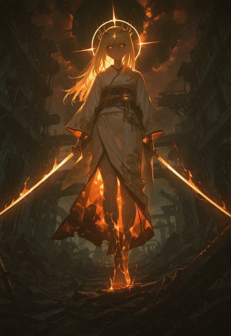 masterpiece, very aesthetic, absurdres, best quality, amazing quality, (ruins background, chromatic aberration, bright galaxy, raytracing), ((Chiaroscuro Lighting Style, dramatic lighting, drastic contrast)), Classical Chinese Brush and Ink,  1space spirit girl, ((solo)), burning body, ((extremely bright nebula surrounding girl, massive thick shockwave ring surrounding girl)), wearing white kimono, thorn crown, glowing third eye, eldritch third eye, perfect golden eyes, sad face, ((glowing face warpaint)), hime cut, blonde hair, (howling wind, hair flowing in howling wind), limited green palette, black sclera,  mechanical arm, holding, holding katana, katana shining, motion lines, motion blur, dynamic angles, ((close up, feet focus)), bare feet, stepping on viewer, low angle