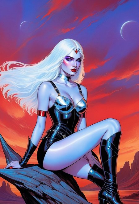 score_9, score_8_up, score_7_up, source_anime, BREAK, 1girl
ethereal fantasy concept art of  a highly detailed,  digital artwork featuring a strong powerful muscular, warrior-like female character. She has long, flowing silver hair and striking,80s bold makeup with purple eyeshadow and red lips, blue eyes, Her skin is a pale, almost ghostly complexion, adding to her otherworldly appearance. She is dressed in a dark, edgy outfit consisting of a black leather bra, matching high-waisted shorts, and red greaves with black thigh-high boots with a rugged, a single red shouldewr guard. Her attire is adorned with intricate, metallic accents and straps, giving her a warrior-like appearance. She sits confidently on a bloodied  giant dead alien beast Her right hand holds a gleaming, silver sword with a subtle, while her left hand rests on her knee, exuding a sense of calm and readiness.
The background is a desert space port glowing red sky, illuminated by swirling clouds and twin suns on the horizon. The overall style blends the iconic fantasy and sci-fi elements , with vivid, realistic textures and a striking color palette that brings the scene to life. Her pose and expression convey a sense of readiness, strength, and determination. The overall style is a blend of fantasy and science fiction, with a focus on detailed, realistic textures and a striking color palette. The artwork combines elements of comic book art and digital fantasy art.