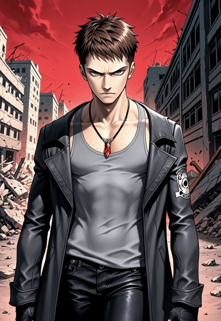 kanekostyle, lipstick, eye shadow, eyelashes, masterpiece, best quality, hyper-Detailed, 1man, solo, male focus, alone, detailed, DmCDante ((toned body, fair skin, brown hair, short hair, blue detailed eyes,)), ((wearing necklace with red stone, black and read coat over, grey tanktop, black jeans pants, black fingerless gloves)), staring at the viewer, serious, walking between destroyed buildings, night, red sky