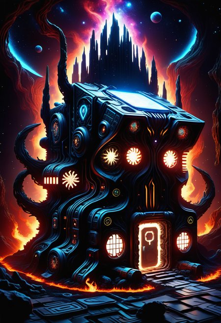 hyper detailed masterpiece, dynamic, awesome quality, DonMN1gh7D3m0nXL space colony medical bay and quarantine, magical runes,multi-tool,lost scroll, natural stone tiles (excluding those mentioned before),swedish weave tapestry, bonfire, neon lights, sci-fi, made of darkness  <lora:DonMN1gh7D3m0nXL-v1.1-000008:1>