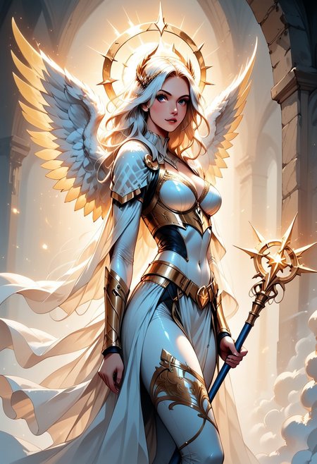 score_9, score_8_up, score_7_up, (Western Comics), a full body image of a sexy mechangel girl, caucasian, seductive, (glowing wings), solo, glowing armor, glowing halo, glowing mechanical 4 wings (hyperdetailed:1.15), detailed, light passing through hair, (ultra detailed, high quality texture), (sharp), (artistic image), 32K, 4K, ULTRA HD, small waist, large breasts, tight white bodysuit with, crop: -5, (3/4 portrait), wide view, ((her whole head and hair is visible)), zoomed out, ((wings completely visible)), (wings uncropped), (from thighs and up), wings folded along her body, cowboy shot, angelify, (monochrome background), (nothing in background), plain background, Long white flowing hair, viking hairstyle, (wings fully visible), ((holding a glowing Magic Scepter upright with both her hands)), (her backside turned towards the viewer), Spell Casting,  Frost spell