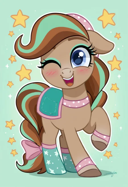 score_9, score_8_up, score_7_up, score_6_up, score_5_up, score_4_up, 
cocoa, horse, mare, female, solo, 
blushing, captain obvious, cute, filly, floppy ears, foal, hnnng, looking at you, open mouth, raised hoof, stars, truth, wink, looking up, balancing, one eye closed, sweet dreams fuel, strong, super strength, smiling, lily longsocks, earth pony strength, <lora:Wild_Manes_V2c-000011:0.7>, <lora:Wholesome-MLP-v1.3b:0.4>