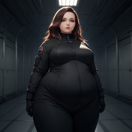 <lyco:SyMix_Pony_v05a02:1>, score_9, score_8_up, score_8, solo, 1 woman, adult, <lora:add-detail-xl:1>,  <lora:EthicaXL:0.5>, fat ethica wearing black flight suit, hangar bay, long brown hair