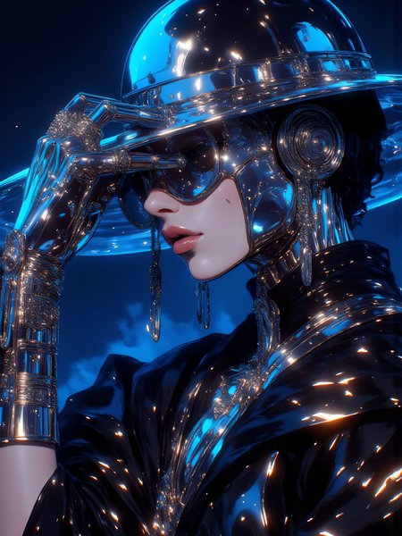 In a hyper-realistic **ne0nfant4sy** vision, the **chrome-clad figure** leans forward, one foot stepping ahead in a stance of quiet readiness. Their right hand grips the brim of the **chrome silver non la**, revealing just a sliver of their face—sharp, angular features accented by **chrome-plated cheekbones and jawline**, giving them a sleek **mechanical-human hybrid** appearance. The **metallic tassels** flow forward, as if caught in motion, partially obscuring the rest of the face beneath the hat, heightening the character's sense of anonymity. The sleeveless **chrome robe**, glossy and reflective, ripples gently in the air, catching vibrant streaks of **neon blue light** from the glowing backdrop. The intricate, **glowing silver tattoo** on the exposed left arm contrasts against the polished chrome surface, its fine details pulsing with an ethereal glow. The figure radiates readiness, their stance poised for imminent action, embodying a fusion of **futuristic technology** and **traditional elegance**, standing out against the surreal neon landscape. ((glow_skin,iridescent skin,oily skin,portrait, Detailed hand, Hand, Perfect hand, in the style of Jed-clrfl, surreal photo, iridescent, aesthetic)). aidmaimageupgrader, aidmaMJ6.1 <lora:aidmaImageUpgrader-FLUX-V0.2:1.0> <lora:flux.1_lora_flyway_Epic-detail_v2:0.8> <lora:aidmaMJ6.1_aidmaMJ6.1-FLUX-v0.4:0.8> <lora:Dreamy_Illustrations_FLUX_LoRA-000001:0.6> <lora:v1v1dr34m:0.8> <lora:ne0nfant4sy_NeonFantasyPrimeFLUX-000049:0.8>