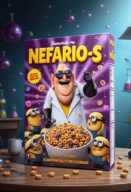 A vibrant, cartoonish cereal box design titled 'Nefario-s', featuring Dr. Nefario from Despicable Me as the quirky mascot. Nefario is standing proudly in the center, grinning with one hand on his hip and the other holding a spoon, ready to dive into a bowl of his signature cereal. He’s surrounded by his minions, who are happily scattering minion-shaped cereal pieces around in excitement. The box has bold, playful typography with fun, exaggerated fonts for the 'Nefario-s' logo. The color palette is bright with yellow, orange, and purple, with cartoon explosions and stars surrounding the characters.  At the bottom, it says, 'Now with Extra Minion Power!' and 'Scientifically Delicious!' in a fun, childlike font. Over-the-top cartoon style, bold colors, vibrant illustrations, with some comedic action. The background is a zany laboratory setting with bubbling beakers and gadgetry. The cereal box sits atop a lab table.