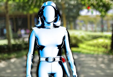 faceless chrome statue of power ranger Ellie, side-parting voluminous straight shoulder-length chrome bob hair, alone, helmetless, chrome catsuit, chrome turtleneck collar, chrome gloves belt, faceless, entirely made of chrome, command centre, arms outstretched, hyperdetailed photography