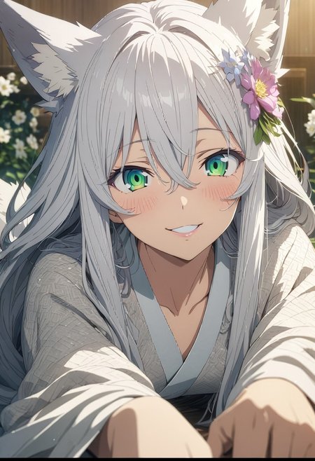 gorgeous lips, (masterpiece), (best quality), (ultra-detailed), very aesthetic, illustration, perfect composition, intricate details, absurdres, detailed face, (anime, masterpiece, intricate:1.3), (best quality, hires textures, high detail:1.2), (4k),(incredibly detailed:1.4) 
 bust shot, girl looking at viewer, smiling girl, solo, fox ears, ear hair, silver hair, hair between eyes, long sideburns, (long hair reaching to shoulders), super long hair, long hair, green eyes, droopy eyes, voluminous hair, long hair, blushing, full body, smiling, spring kimono, waking up, flower hair accessory, light blue small flower, June 30th birth flower Scabiosa flower background,