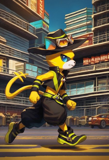 score_9, score_8, masterpiece, high quality, 1boy, solo, wild boy, yellow body, blue eyes, cat, cowboy hat, goggles, baggy pants, wrist sweatbands, running, side view, :3, city, pixelart,pixel