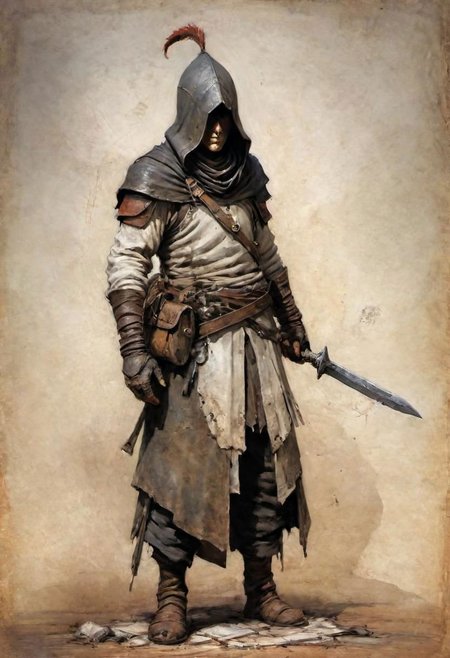 videogame art of (beggar clothes, human thief brigand, holding a iron rusty dagger,  wearing leather tunic, metal and cloth shaped helmet, sewn together), by Jean-Baptiste Monge and Nicola Samori, assassins' creed clothes