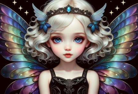 hyper detailed beautiful chibi sugar fairy, coherent delicate face, wavy luxurious hair, intricate iridescent wings, on black velvet canvas, centered composition, rule of thirds, drop shadowed, art by gorjuss, tim burton, margaret keane, charlie bowater, tom wood, keith garvey