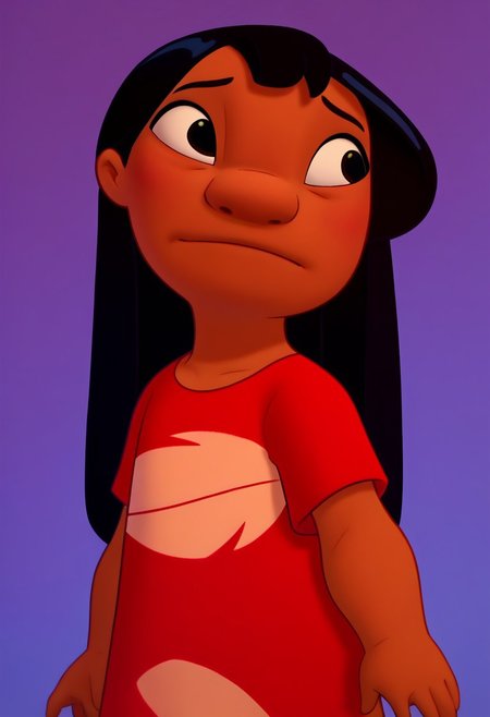 score_9, score_7_up, painting of 1girl, solo, lilo_pelekai, dark skin, black hair, long hair, black eyes, red dress, smile, shy:2, blue background, cute:2, gradient background, looking to the side,  ((score_9, score_8_up, score_7_up)), modern-style colour illustration, perfect & accurate lineart, lifelike art, film grain, dynamic pose