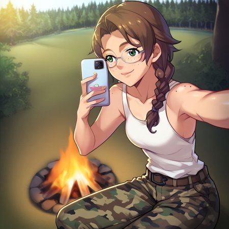 score_9, score_8_up, score_7_up, score_6_up, score_5_up, score_4_up, BREAK, anime style, source_anime, cinematic lighting, selfie, solo, (smile),
outside, forest background, camping, campfire, sitting by campfire, tent in background,
1girl, hikarihoraki, brown hair, braid, ((freckles)), long hair, (green eyes), glasses, camo pants, tank top, <lora:HikariHorakiXL:0.8>