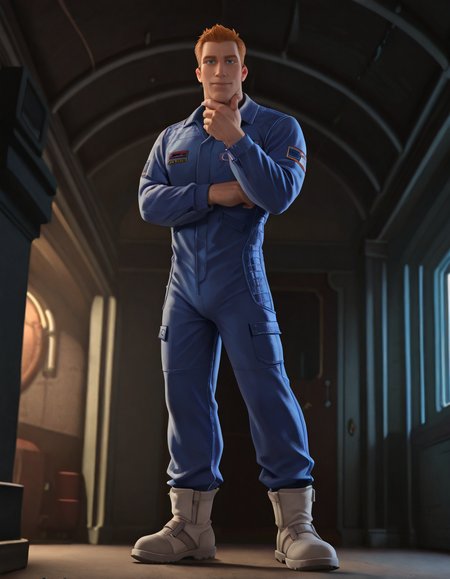 cinematic_depth, 8k, soft_lighting, warm_glow, ultra_high_quality, masterpiece, best quality, newest, perfect quality, best quality, detailed background, intricate details, male focus, solo, realistic, <lora:Planet 51 - Chuck Baker - Illustrious-000006:0.7>  c_baker, 1boy, tall male, red hair, blue eyes, solo, full body, looking at viewer, jumpsuit, white boots, indoors, stroking own chin
