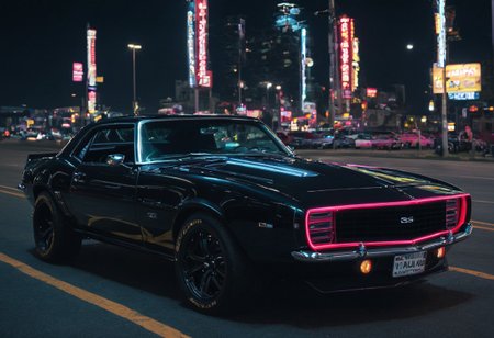 black camaro, cyberpunk city, night time, neon lights