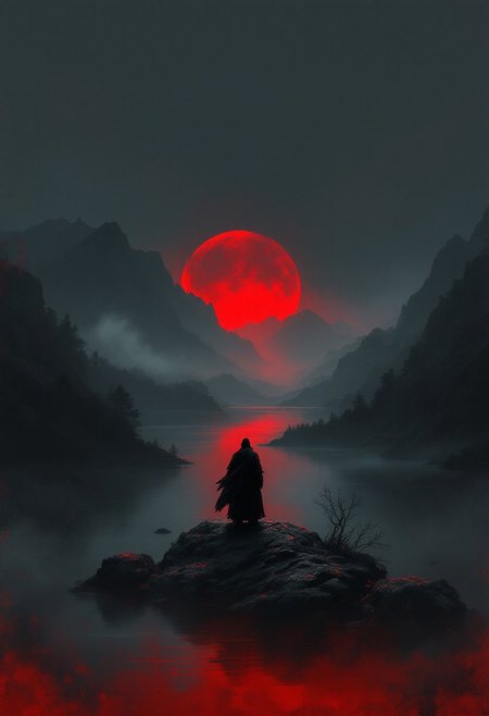 A striking digital painting of a solitary samurai standing atop a rock, overlooking a mystical, misty lake with a blood-red moon rising behind a mountain range. The samurai is shrouded in darkness, evoking feelings of loneliness and introspection, perhaps even foreshadowing impending doom. The artistic style pays homage to Yoshitaka Amano's dramatic use of color and composition, with deep reds and blacks dominating the palette. Subtle greys and misty whites add depth to the scene, while the rough, painterly texture with visible brushstrokes reflects the woodblock print influence. The atmospheric landscape in the background creates a moody ambiance, and the dramatic lighting, with the moon as a strong backlight, casts a silhouette of the samurai. A slight vignette darkens the edges,, poster, cinematic, painting