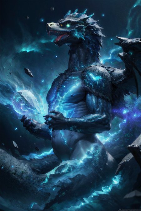 1male, crystal black eagle dragon hybrid, blue belly, holding green fire, green glowing eyes, overcast, god rays, extremely detailed, masterpiece (Realistic:1.5)  <lora:SyFyEye1_v1.0:0.8>