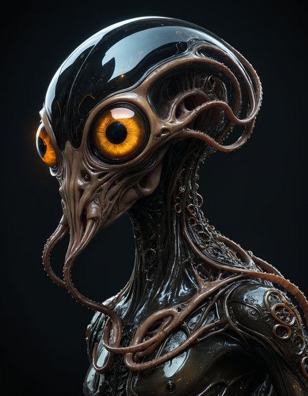 dynamic view, side view, hyper realistic photograph of  a bizarre biomorphic alien creature with a long  chin and a pair of massively tentacles,  clear glowing eyes, extremely dark glossy realistic alien skin, black and asphalt grey hue, by Petros Afshar and John Atkinson Grimshaw, (intricate , iconic , masterful:1.4), medium full shot, poster art, bold lines, hyper detailed, expressive,  award winning,  dark limited color palette, high contrast, depth of field, (intricate details, masterpiece, best quality:1.4),
spot lighting, looking at viewer, dynamic pose, wide angle view,
<lora:add-detail-xl:1> <lora:xl_more_art-full_v1:0.5>  <lora:NicolaSamori:0.5> in the style of nicola samori <lora:looking_at_viewer:2>