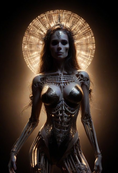Intricately detailed skeleton Playboy Playmate, Long voluminous hair, large perky breasts, Vibrant dark color scheme,  beautiful masterpiece, digital art, dark fantasy, best quality, ultra detailed, hires, 8k uhd, radiant cinematic lighting