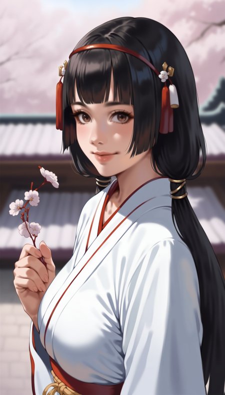 score_9,score_8_up,score_7_up,
<lora:naotoraii:1>,naotora ii,realistic,1girl,solo,
black hair,bangs,blunt bangs,twintails,low twintails,red hair ornament,red hairband,white scrunchie,
miko outfit,
brown eyes,looking at viewer,smile,
outdoors,cherry blossoms,japanese style wall,vignetting,blurry background,
upper body,close up,