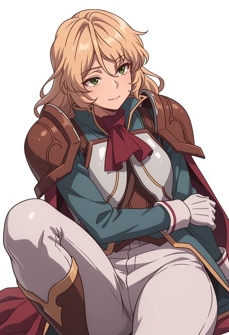 Smooth Quality,masterpiece,very intricate, high quality details, ultra realistic, high detailed skin,detailed enviorement,absurdres,
simple background, white background,
dutch angle,afterglow,reclining, arms folded behind head, one knee bent, looking up, peaceful mood,  ,
 <lora:Blade_cnn:0.8>bladecnn,1girl,  blonde hair, green eyes, long hair, armor, uniform, long sleeves, gloves, white pants, ascot,shoulder armor,cape, coat,