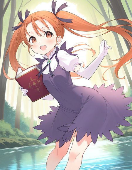 masterpiece, best quality, good quality, <lora:Aliese_Martini_IS:1> Aliese_Martini, 1girl, solo, twintails, long hair, brown eyes, hair ribbon, orange hair, brown hair, short stack,
1girl, solo, gloves, book, elbow gloves, blush, smile, open mouth, ribbon, outdoors, white gloves, :d purple dress,
forest, water,