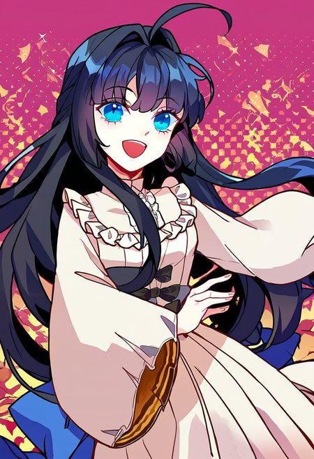 score_9,score_8_up,score_7_up,source_anime,zPDXL3,
*//*,<lora:BlancheFreidkin_v1.0:1.1>,blanche_freidkin1girl,blue eyes,black hair,long hair,hair intakes,ahoge,white dress,frilled dress,bow,
*//*,upper body,smile,open mouth,dutch angle,