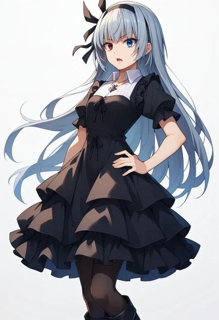 score_9, score_8_up, score_7_up, score_6_up, <lora:luminous_valentine_pdxl_goofy:1>lvslime, 1girl, solo, heterochromia, long hair, blue eyes, dress, red eyes, hairband,white collar, black dress, boots, gothic , pantyhose, looking at viewer, necklace, simple background, jewelry, black footwear,  black hairband, open mouth, white background, hand on hip, ribbon, grey hair, black ribbon, black pantyhose, very long hair, frilled dress, bangs, short sleeves, hair ribbon