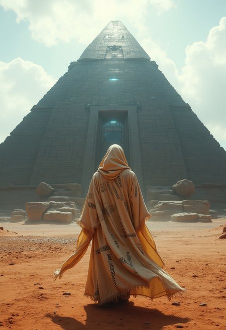 Magic style, 
masterpiece, best quality, 4k, HDR, hi-resolution, tetradic colors in details, (volumetric light:0.8), (light diffusion:0.9), light ray tracing,very realistic,midjourney,detailifier, digital art,full body shot, A lone, ecclesiastic figure draped in a voluminous, parchment-like robe inscribed with glyphs and barcodes, stands before a colossal, obsidian ziggurat.  Dynamic three-quarter shot. Emphasize the juxtaposition of ancient and futuristic elements.  Focus on the weathering of the robe against the pristine pyramid. Ground is textured, reddish sandstone. Sky, partially cloudy, illuminated by strong, directional sunlight casting sharp shadows.  Robe's hem billows subtly in a nascent wind.  Camera angle, slightly low, enhancing the pyramid's immensity.  Add intricate details to the pyramid's surface: panels, vents, subtle luminescence. Accentuate the arid landscape with sparse, desiccated vegetation.  Fabric of the robe exhibits a slightly translucent quality.  Intention: contemplative, enigmatic.