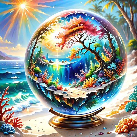 a painting of fantasy world of a crystal globe with "fantasy coral reef drawing made of fractals, (by artist "Thomas Kinkade", by  artist "Leonid Afremov") ", beautiful reflexions, fantasy water color, beach view outside, on a mini world, shattered earth, beautiful rendering, mother nature
