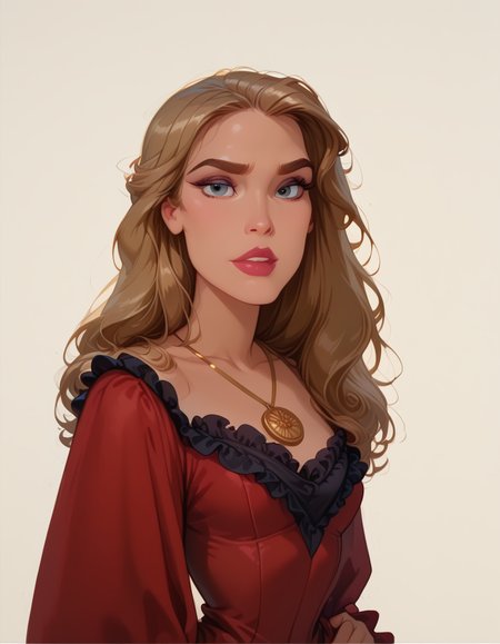 <lora:Disney_Style:.9> <lora:princess_xl_v2:.75> <lora:add-detail-xl:.9> <lora:g0th1cPXL:.3> <lora:Cherry-Gig:.45> <lora:Expressive_H:1> <lora:PLASTT_PonyV6:1> <lora:Elizabeth_Swann_ZairaSass_v1:1> score_9, score_8_up, score_7_up, zPDXL, DisneyRenstyle, score_9,score_8_up,score_7_up,score_6_up, 
(white background, plain background, ambient light), (standing, 3/4 view), 
1girl, solo, sexy 18 year old, british girl, (Elizabeth Swann, Black Pearl), perfect face, beautiful face, defined cheekbones, defined jawline, light brown hair, thick hair, thick dark eyebrows, dark brown eyes, dark lashes, thin lips, nude colored lips,  
confident expression, narrow eyes, one hand on hip, perfect hands, 5 fingers, slender waist, tall, slender, sexy, 
big red dress, red sleeves, black frills, white tunic, gold medallion necklace,