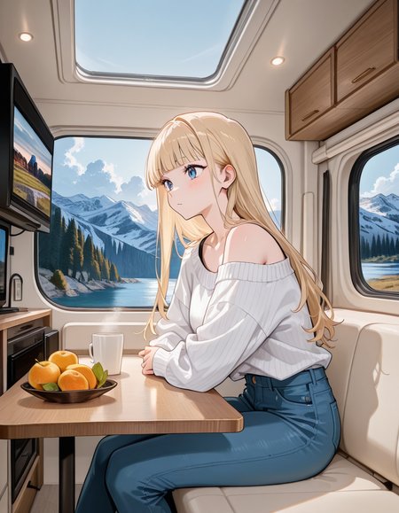 score_9, score_8_up, score_7_up, anime, solo, 1girl, one girl, 
long hair, tucked behind ear, blunt bangs, blonde Hair, blue eyes, feature large highlight, model, 
Princess, oversize white sweater, off shoulder, blue jeans, 
general,
<lora:motorhome:0.8>, motorhome, 
scenery, food, cup, table, fruit, window, indoors, seat, television, Inside the camper,
 (masterpiece:1.3), best quality, high resolution, unity 8k wallpaper, (illustration:1.2), 8K,