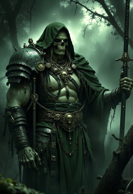masterpiece, an army of undead skeleton warriors, ancient asian armour, swords, materialises from the mist, HD32K, wallpaper, hyperdetailed, mythp0rt, ArsGreenMistWorld, ArsMJStyle, dnddarkestfantasy