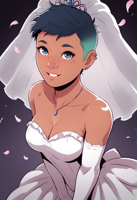 score_9, score_8_up, score_7_up, score_6_up, davecheung-dh, view from above, dynamic angle,1girl, solo, rileyfairfeather, (dark skin), undercut, multicolored hair, freckles, makeup, piercing, wedding veil, wedding dress, frills, elbow gloves, pendant, looking at viewer, happy, holy light, flying petals, flying feathers  <lora:Artist_Style_-_Dave_Cheung:0.7> <lora:rileyfairfeather-guy-PONYv1:0.7>