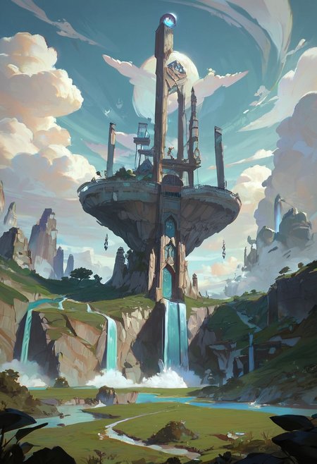 score_9, score_8_up, score_7_up, score_6_up, arkn, detailed drawing, floating island, waterfall, blue sky, thick clouds, sun shining, landscape focus,
