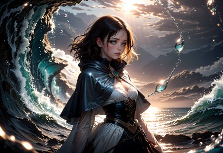 best quality, masterpiece, 1girl, medium breasts, (lower body), beach waves hairstyle, capelet, long skirt, sad waterenergydropstyle, embedding:style-swirlmagic, swirling water, cinematic lighting, looking at viewer,