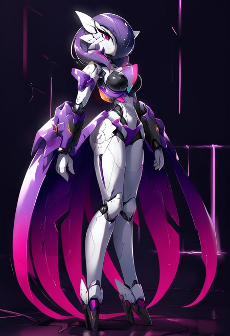 (((Gardevoir))), female, anthro, pale white skin, mecha, black and purple colors prevail, bright techno eyes, very detail techno costume, futuristic garage background, side view, posing, full length view, completely detail background, merge manga detailed and anime saturation of colors,mecha,(anime),robot