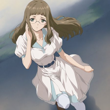 masterpiece,1girl,solo,looking at viewer,<lora:Rie_Ishida ag4o v1:1> rie_ishida, brown hair, long hair, green eyes, glasses,dress,pantyhose,