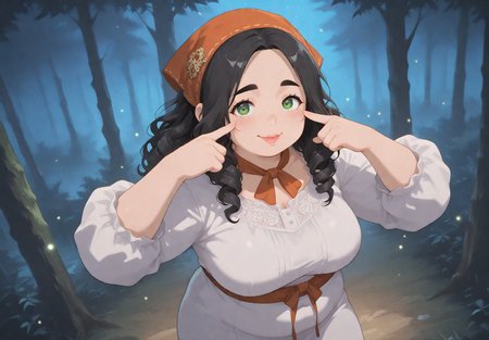 IllusP0s, PonyScores7, source_anime, ah1, IllustriousQual, interesting, exciting, spectacular, wonderful, amazing quality, absolutely eye-catching,
BREAK <lora:xl_more_art-full_v1:0.2>, <lora:aesthetic_anime_v1s:0.2>, <lora:detailxl:0.2>, detailxl, amazing quality, best aesthetic, absurdres, illustration, Volumetric_Lighting, ultra-detailed, very aesthetic, intricate details, best_quality, lazympos, <lora:Add_Details_v1.2:0.4>, <lora:quality_modifiers_masterpieces_v1:0.2>, anime style, <lora:HDA_Detailer:0.3>, <lora:natsumi_style:0.2>, <lora:by_usakun-pony:0.2>, by usakun, <lora:Akina_Bbw_Style_-_PonyXL:0.2>, AkinBw,
BREAK (((Pointing two fingers to eyes, then at you))), dynamic pose, foreshortening, extreme perspective,
BREAK 1girl, mature female, (curvy), round-chin, caucasian, <lora:ETO_OC_Illustrius:0.5>, eto_oc, skindentation, (plump), thick thighs, wide hips, busty, voluptuous, round ass, large breasts, <lora:plussizegirls_IL:0.3>, <lora:plussizegirls_pony:0.3>, <lora:shinyskin2:0.2>, glistening skin, HDA_FatGirlXL, <lora:perfection style:0.2>, perfection style, perfection, 
BREAK ((beaded headscarf with intricate embroidery)),
BREAK (curly hair), long hair, (black hair:1.4), (parted hair:1.7), messy hair, kinky curls, detailed hair, <lora:hairdetailpxl:0.2>, hairdetailpxl,
BREAK (half green and brown eyes), (colorful eyes), (multicolored eyes), (downturned eyes:1.4), expressive eyes, perfect eyes, eyes hd, detailed eyes, (round face:1.2), (thick eyebrows:1.3), (plump face), lips, <lora:Round_face:0.2>,
BREAK (((an expression of awe expression))), Expressive, emotional, looking at viewer, Face Detailed, <lora:Expressive_H:0.2>, Expressiveh, <lora:Emotional_Anime_Expressions_PonyXL_Concept:0.2>, emotional, <lora:Best_Facial_Expression_LoRA_PONY:0.2>, looking at viewer, <lora:Detailed expressive EXEV style -XL Pony V1.0:0.2>, FaceDetail, <lora:Best_Facial_Expression_Helper_XTREME_ILLU:0.4>, kaogei,
BREAK (((dark Forest, Enchanted Grove, Moonlit clearing surrounded by towering ancient trees, thick undergrowth of ferns and moss, fireflies dancing in the air, a gentle breeze rustling through the leaves))), (((bust))), 4k, 8k, Ultra HD, Masterpiece, Best quality, Detailed background, full_details, <lora:AddMicroDetails_Illustrious_v3:0.2>, addmicrodetails,