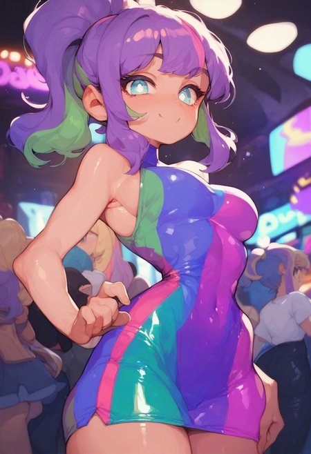 score_9, score_8_up, score_7_up, best quality, highest score, 1girl, looking at viewer, bodycon dress, in nightclub, shiny skin, maho, white pupils, multicolored purple hair, ponytail,