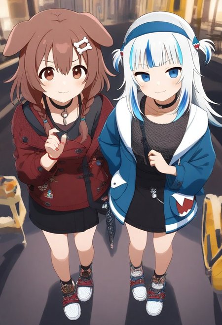 2 women, gawr gura, inugame korone, stylish,artist, closed mouth