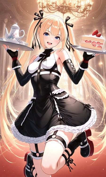 general,highres, ultra-detailed,very aesthetic,best quality ,best hands, BREAK  <lora:Marie_Rose_DOA_IS:1>
Marie_Rose(DOA), 1girl, solo, blonde hair, marie rose, twintails, very long hair, hair ribbon, black ribbon, blue eyes, x hair ornament, bangs, medium breasts, 
choker, harness, frilled dress, gothic dress, two-tone dress, detached sleeves, frilled sleeves, 
black gloves, fingerless gloves, thigh strap, black boots, platform boots, excited, smile, holding tray, slice of cake, looking at viewer, mansion, chandelier, teapot,